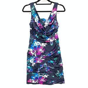 Express Ruched Bodycon Satin Dress Womens Size 2 Navy Blue Floral Print NEW